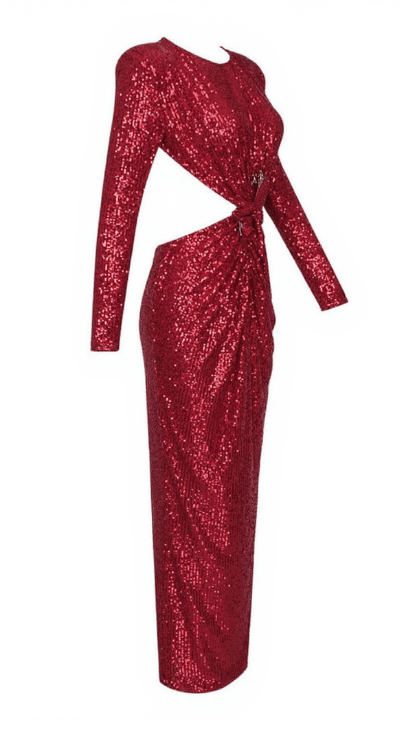 AIIZIE AVIVA LONG SLEEVE CUTOUT SEQUIN MAXI DRESS IN RED - product image