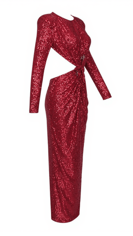 AVIVA LONG SLEEVE CUTOUT SEQUIN MAXI DRESS IN RED