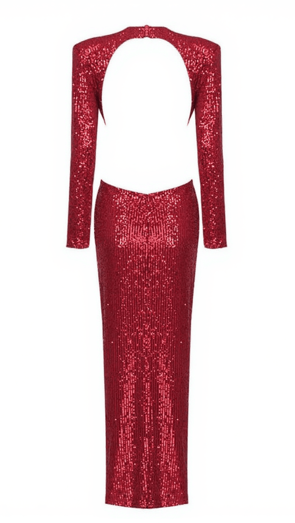 AIIZIE AVIVA LONG SLEEVE CUTOUT SEQUIN MAXI DRESS IN RED - product image