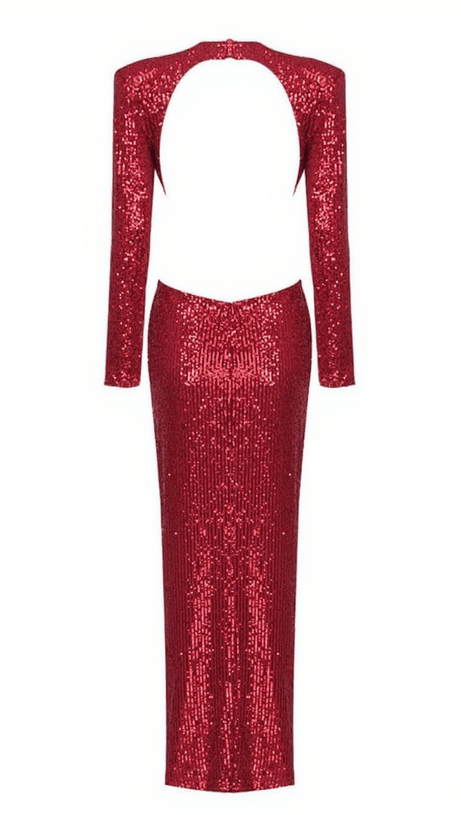 AVIVA LONG SLEEVE CUTOUT SEQUIN MAXI DRESS IN RED