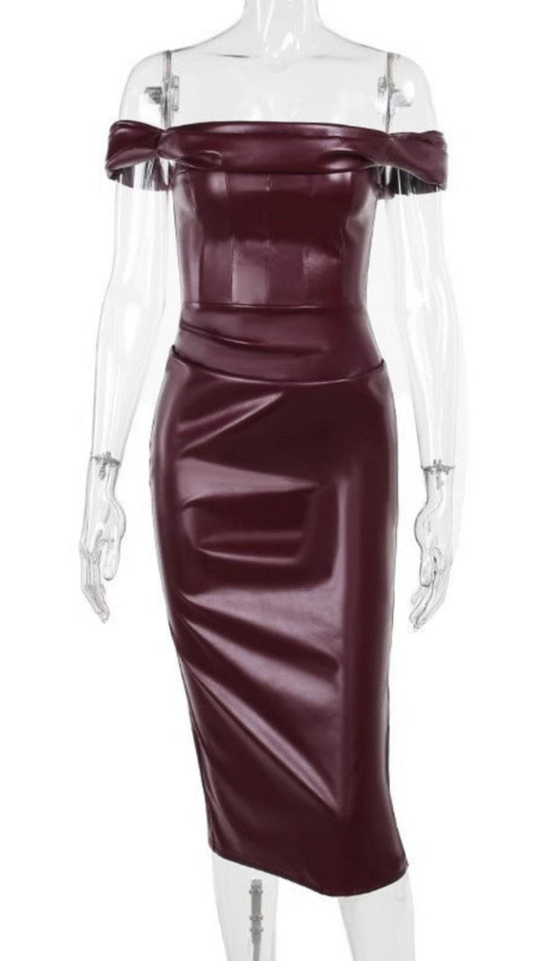 AIIZIE OFF SHOULDER RUCHED LEATHER DRESS - product image