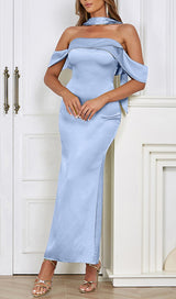 OFF SHOULDER SATIN DRESS IN BLUE