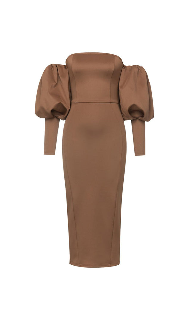 AIIZIE OFF-SHOULDER SATIN LANTERN SLEEVE MIDI DRESS - product image