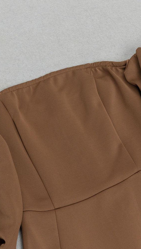 OFF-SHOULDER SATIN LANTERN SLEEVE MIDI DRESS