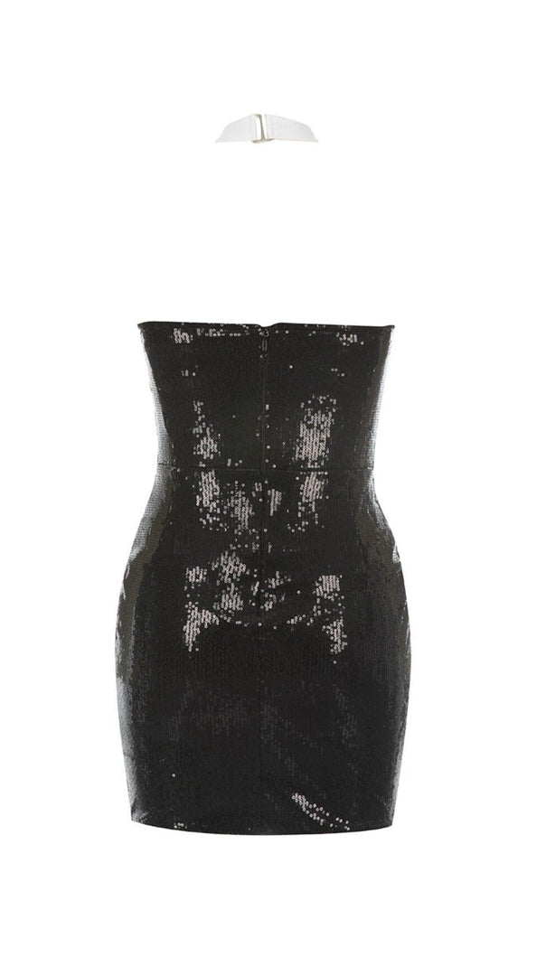 AIIZIE SEQUIN HALTER FLOWER MINI DRESS IN BLACK - product image