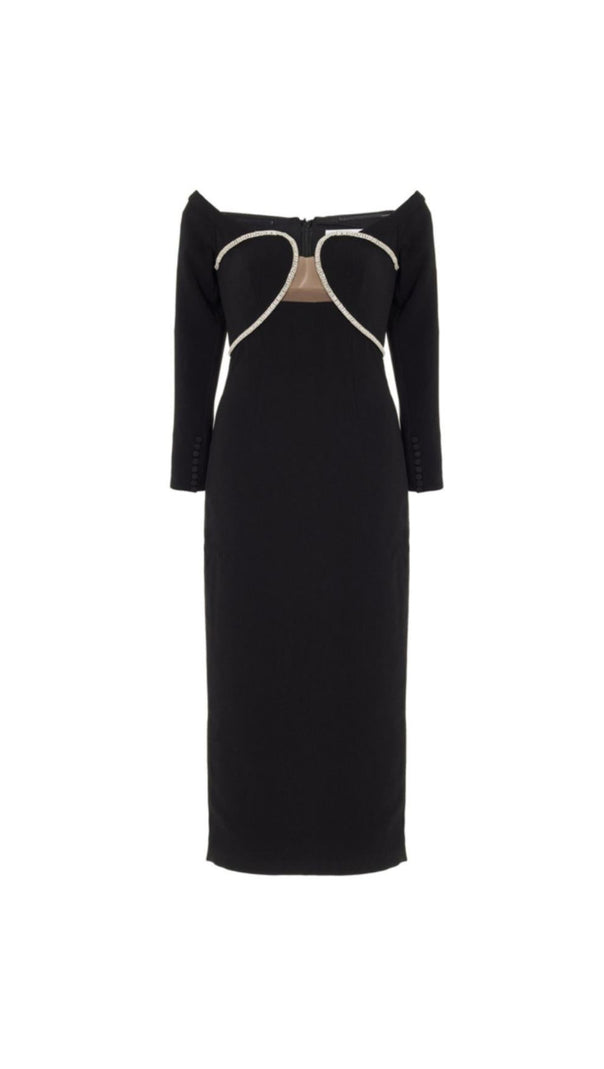 AIIZIE OFF-THE-SHOULDER CRYSTAL-EMBELLISHED TULLE-TRIMMED CREPE MIDI DRESS - product image