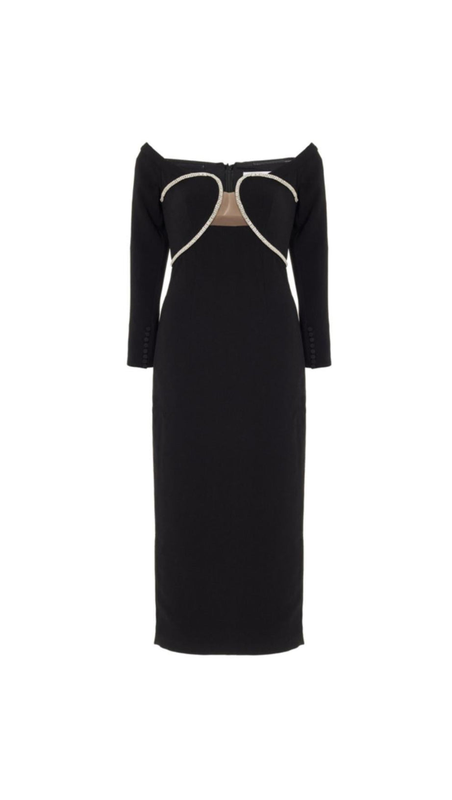 OFF-THE-SHOULDER CRYSTAL-EMBELLISHED TULLE-TRIMMED CREPE MIDI DRESS
