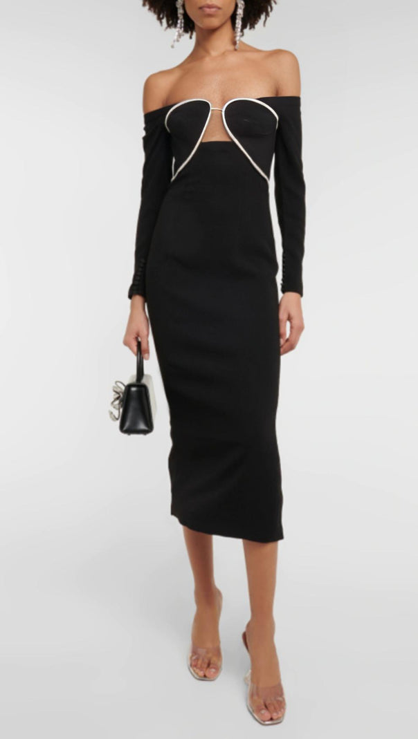 AIIZIE OFF-THE-SHOULDER CRYSTAL-EMBELLISHED TULLE-TRIMMED CREPE MIDI DRESS - product image
