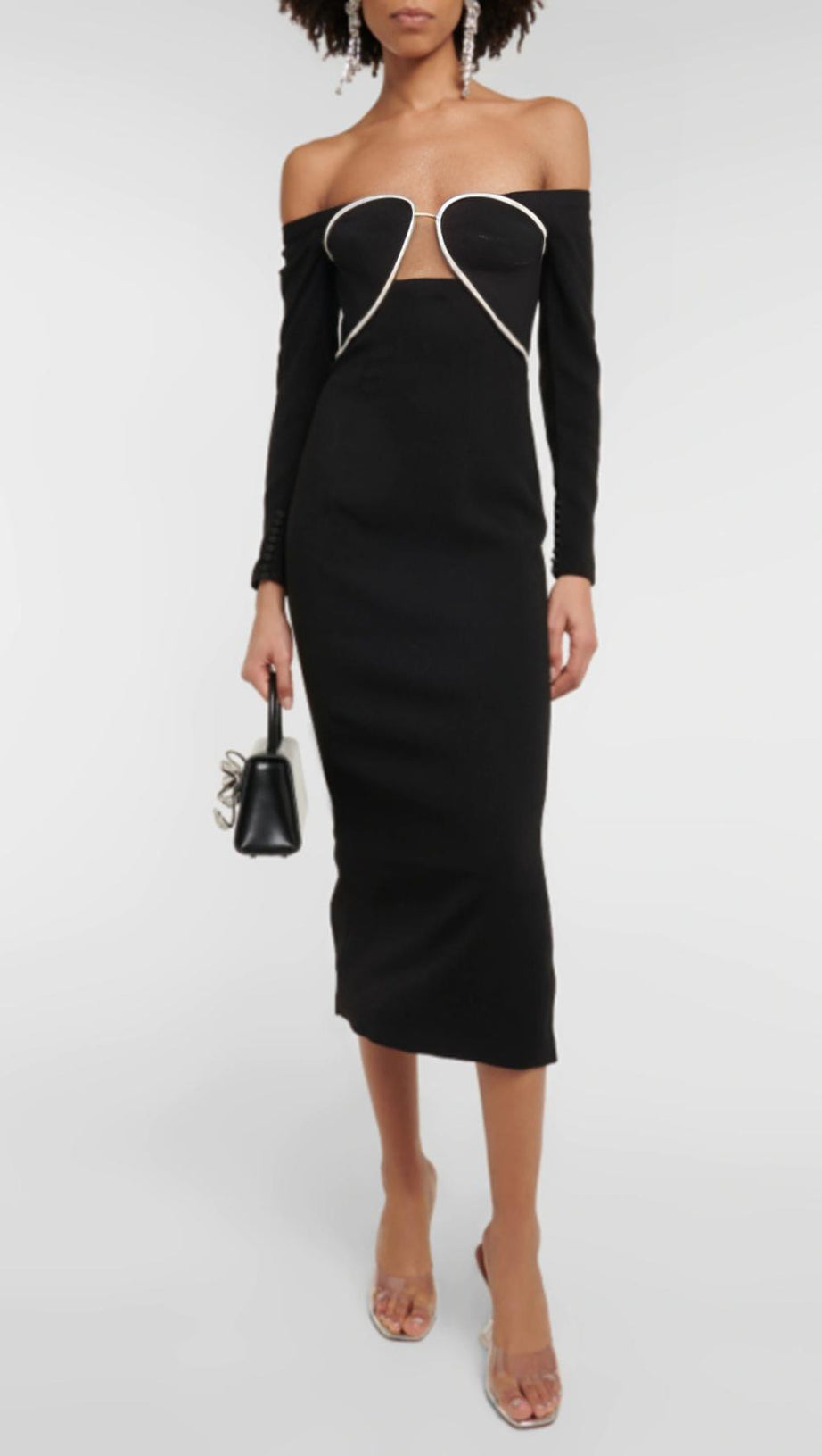 Schulterfreies Crêpe-Midikleid mit Kristallen und Tüllbesatz 