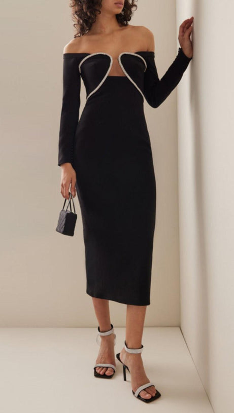 Schulterfreies Crêpe-Midikleid mit Kristallen und Tüllbesatz 