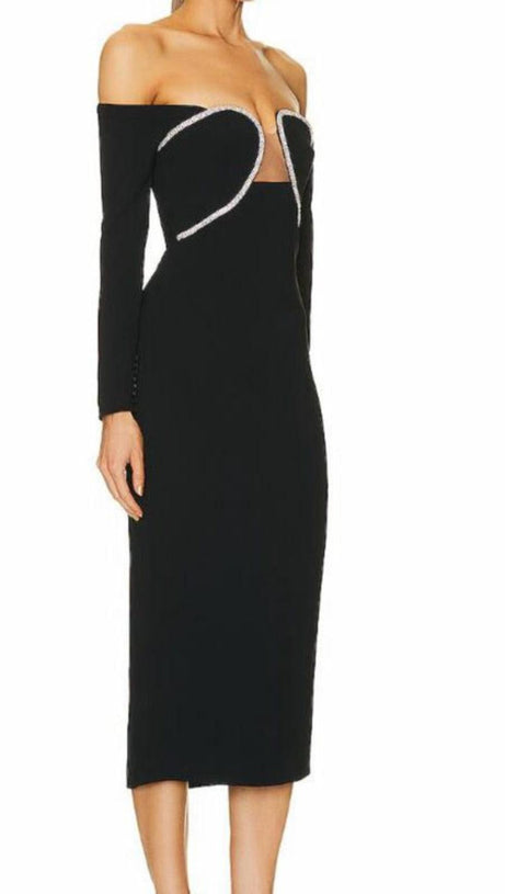 Schulterfreies Crêpe-Midikleid mit Kristallen und Tüllbesatz 