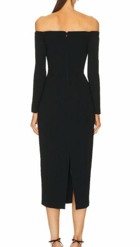 Schulterfreies Crêpe-Midikleid mit Kristallen und Tüllbesatz 