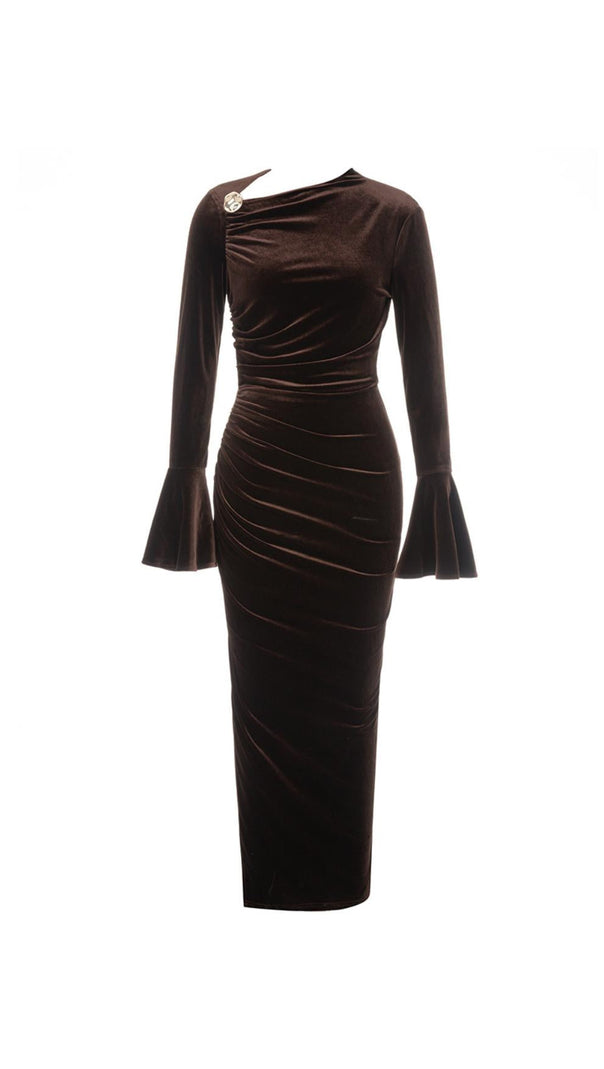 Flounce Sleeve Split Thigh Velvet Dress