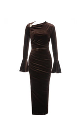 FLOUNCE SLEEVE SPLIT THIGH VELVET DRESS