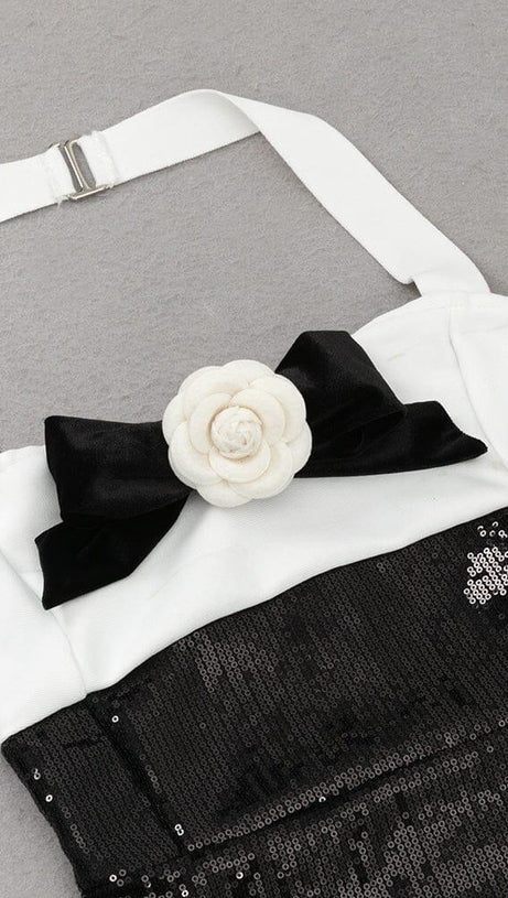 MINI ABITO CON FIORI E PAILLETTES NERO