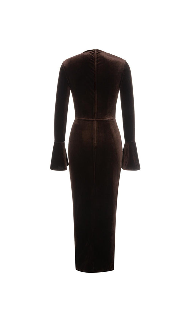 Flounce Sleeve Split Thigh Velvet Dress
