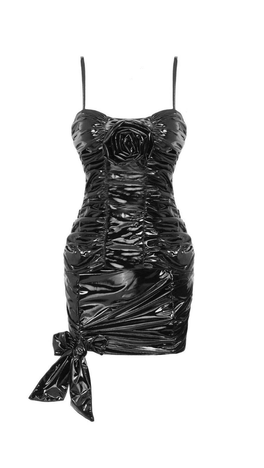 RUCHED HIGH-SHINE MINI DRESS IN BLACK