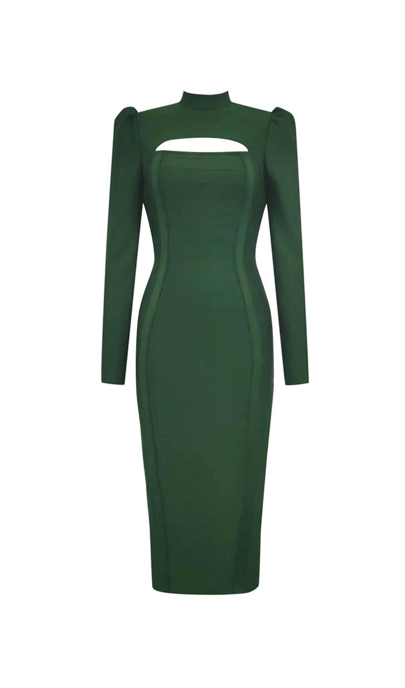 GREEN CUT OUT BANDAGE MIDI DRESS