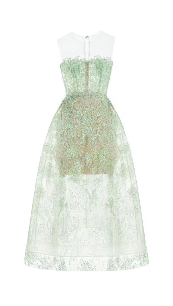 AIIZIE GREEN FLORAL LACE EMBROIDER MIDI DRESS - product image