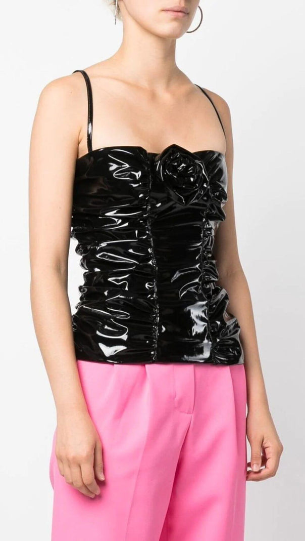 AIIZIE RUCHED HIGH-SHINE MINI DRESS IN BLACK - product image