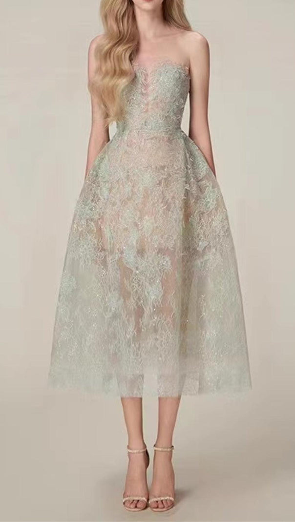 AIIZIE GREEN FLORAL LACE EMBROIDER MIDI DRESS - product image