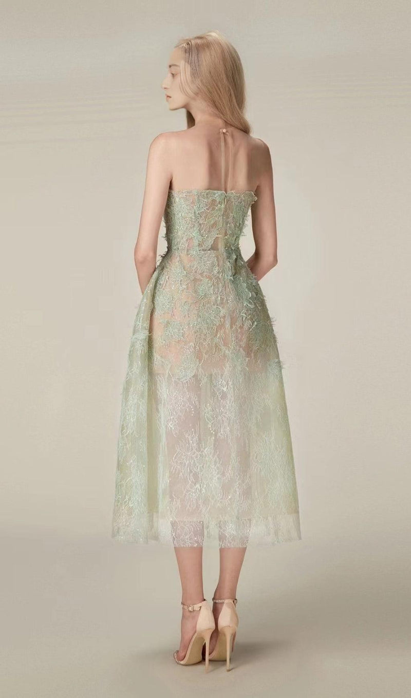 GREEN FLORAL LACE EMBROIDER MIDI DRESS