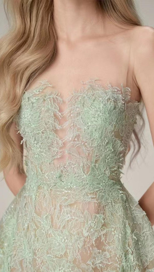 AIIZIE GREEN FLORAL LACE EMBROIDER MIDI DRESS - product image