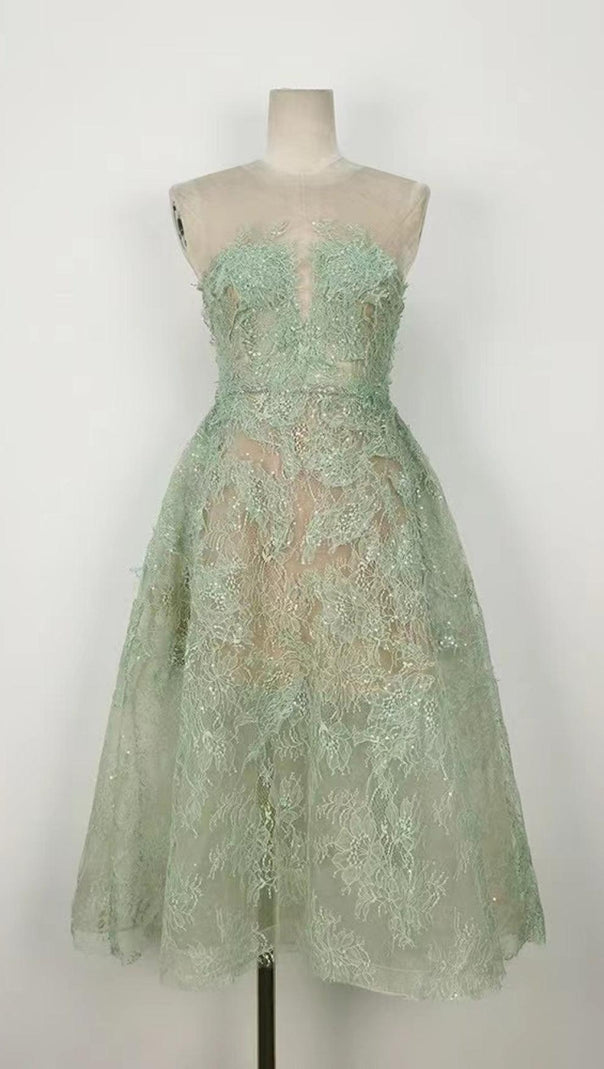 AIIZIE GREEN FLORAL LACE EMBROIDER MIDI DRESS - product image