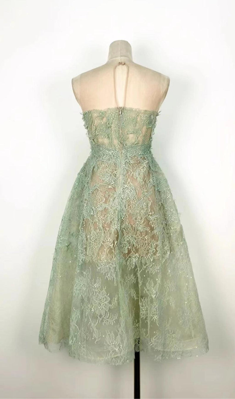 GREEN FLORAL LACE EMBROIDER MIDI DRESS