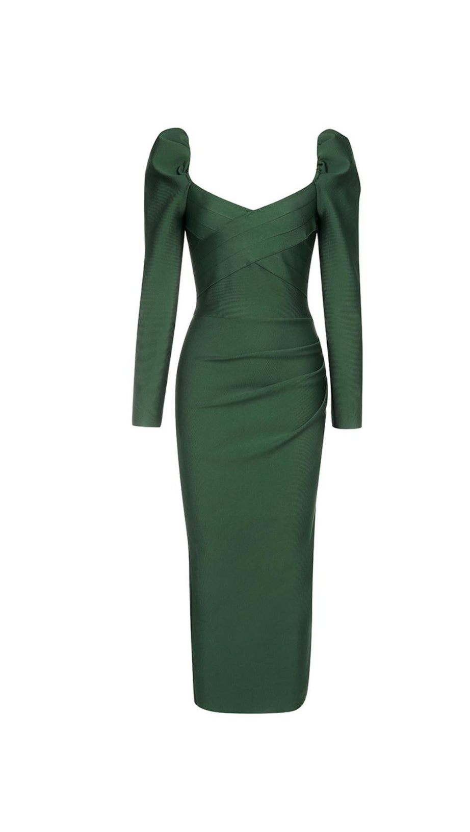 ABITO MIDI VERDE A MANICHE LUNGHE CON RUCHES 