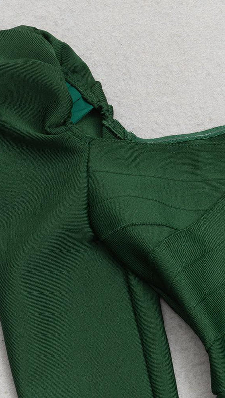 ABITO MIDI VERDE A MANICHE LUNGHE CON RUCHES 