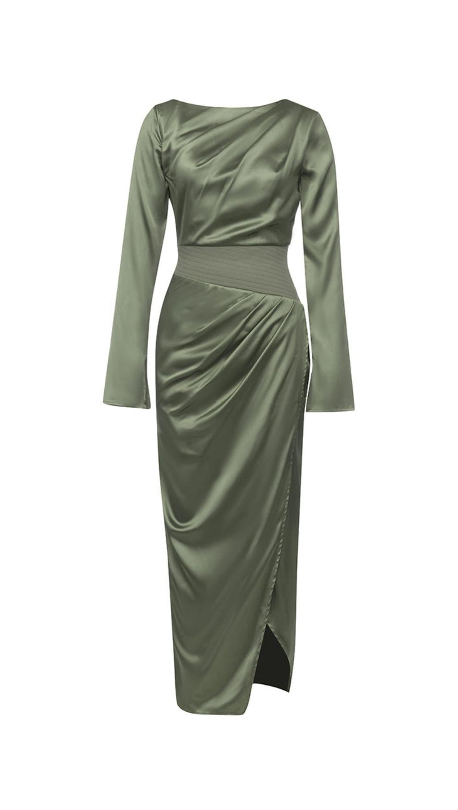 GRÜNES LANGÄRMELIGES MAXIKLEID AUS SATIN 