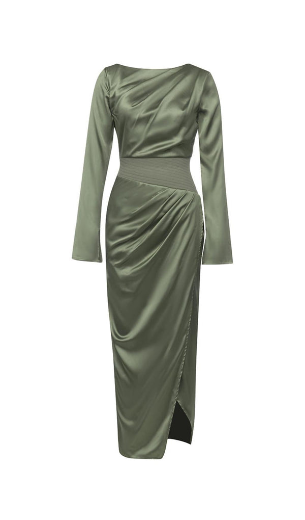 GREEN SATIN LONG SLEEVE MAXI DRESS