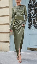 GREEN SATIN LONG SLEEVE MAXI DRESS