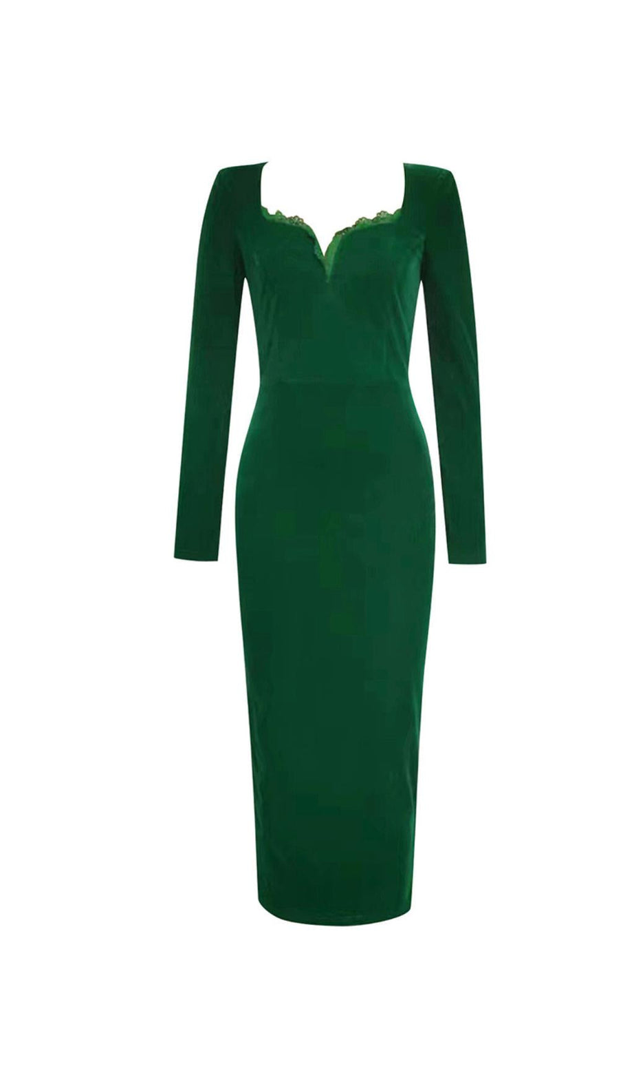 GRÜNES, figurbetontes MIDIKLEID MIT RÜCKENSPLIT 