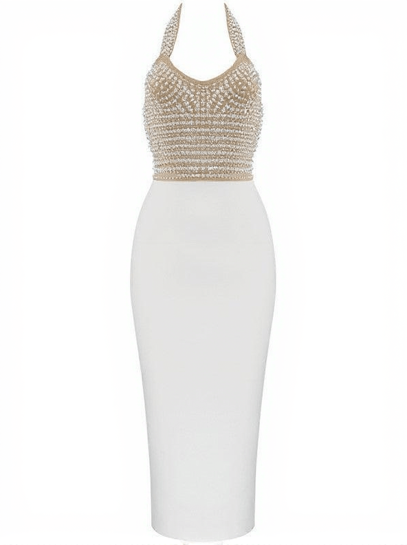 ISABELLA HALTERNECK PEARLS BANDAGE DRESS IN BEIGE