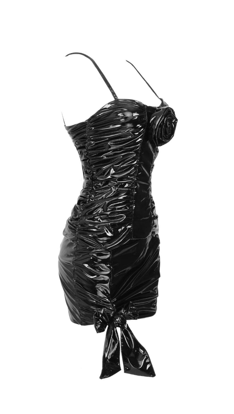 RUCHED HIGH-SHINE MINI DRESS IN BLACK