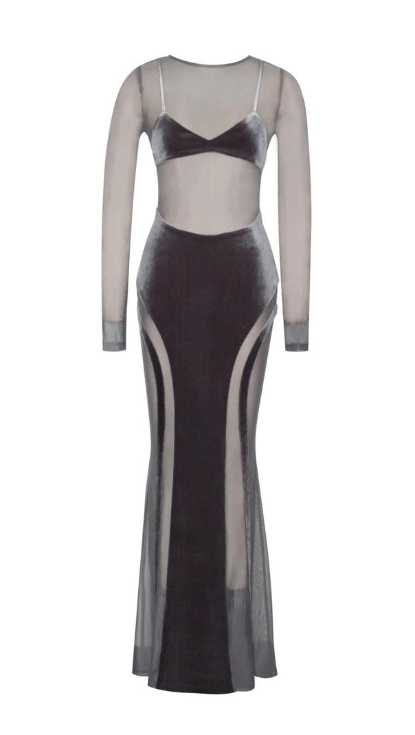 AIIZIE GREY VELVET MESH MAXI DRESS - product image