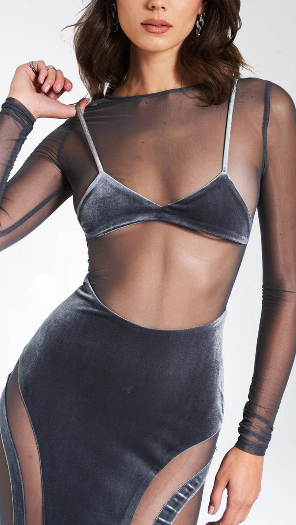 AIIZIE GREY VELVET MESH MAXI DRESS - product image