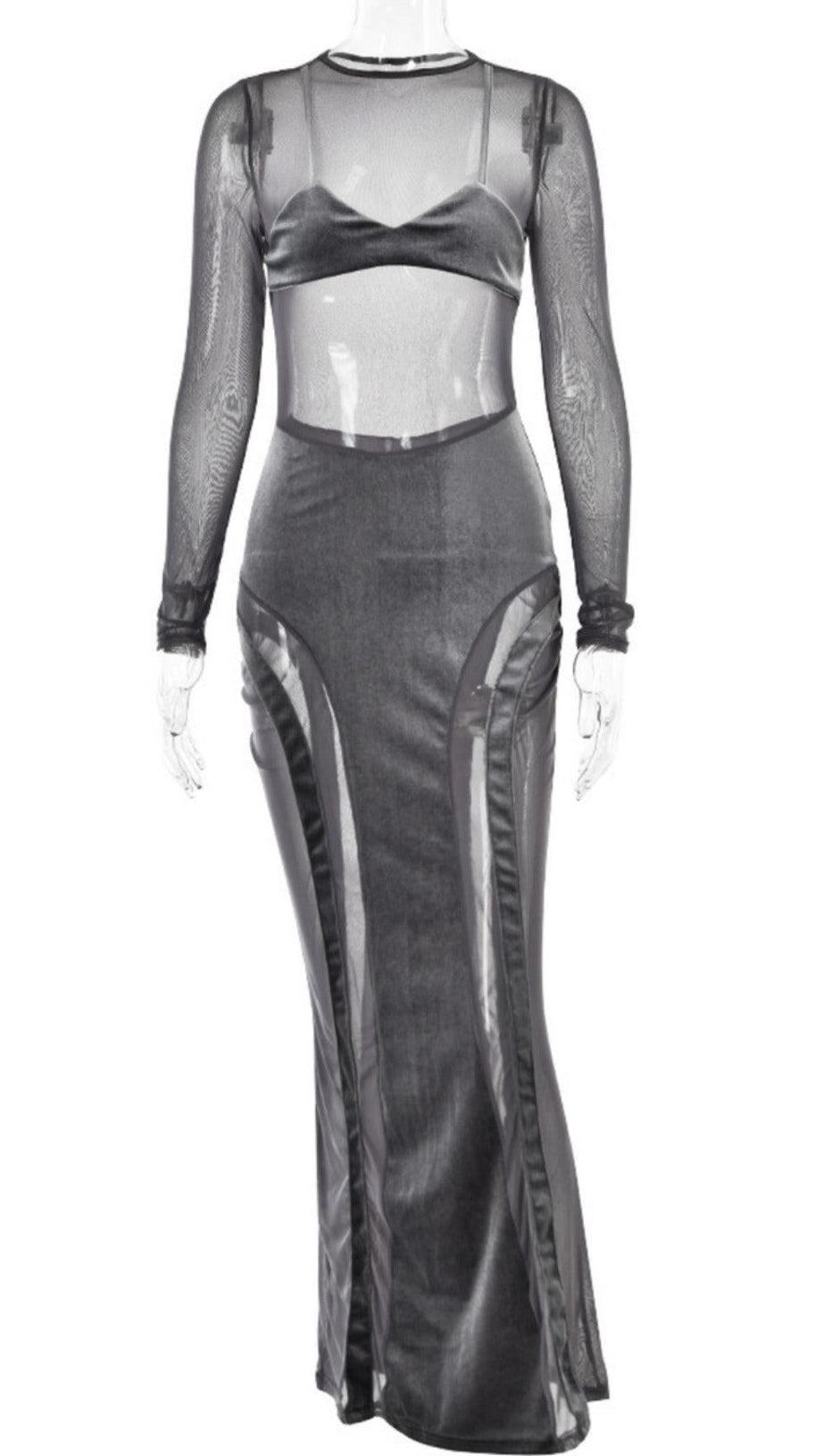 GREY VELVET MESH MAXI DRESS