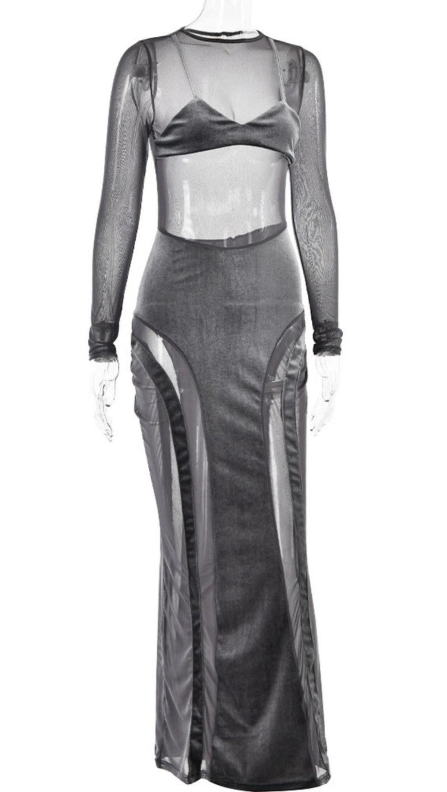 GREY VELVET MESH MAXI DRESS