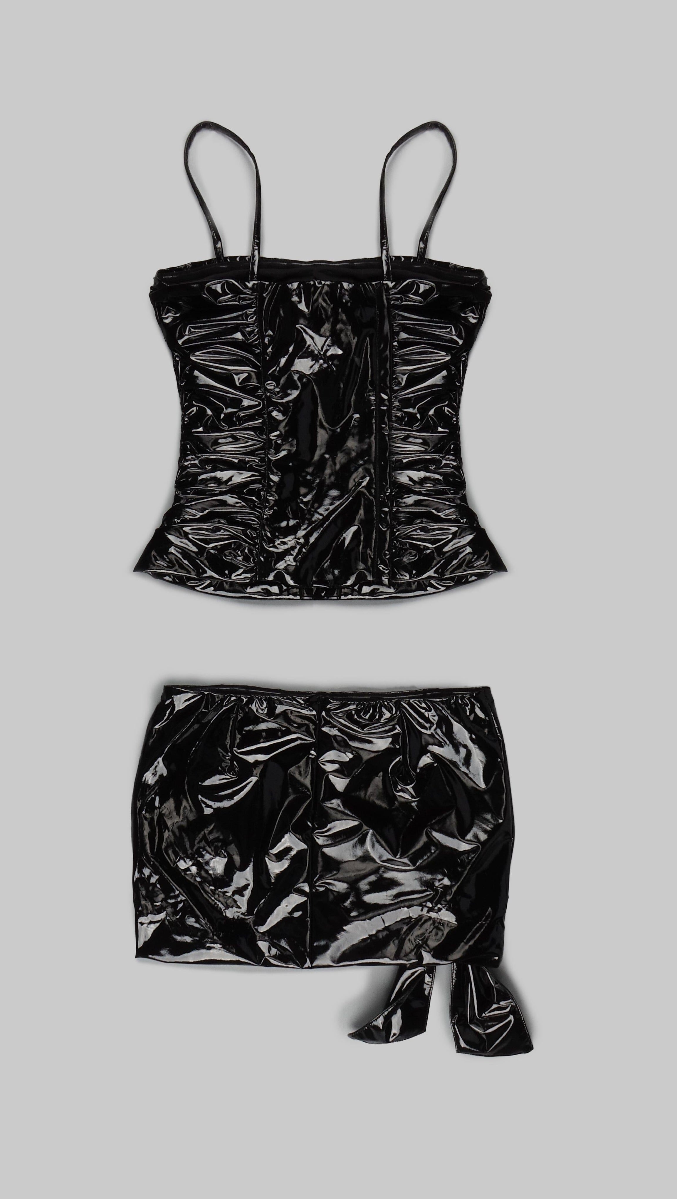 RUCHED HIGH-SHINE MINI DRESS IN BLACK