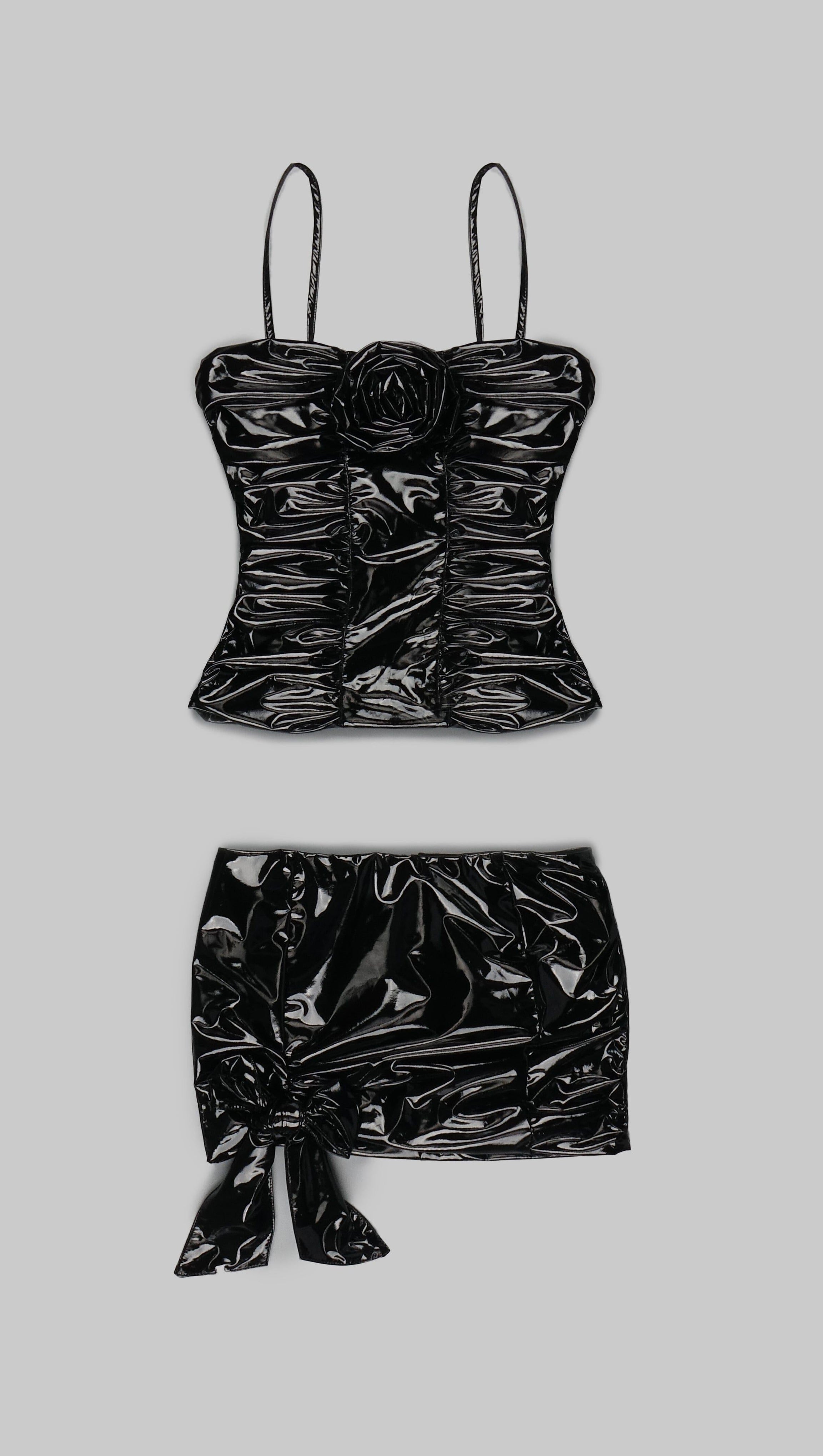 RUCHED HIGH-SHINE MINI DRESS IN BLACK