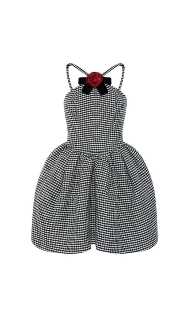 AIIZIE HALTER HOUNDSTOOTH BOW MINI A-LINE DRESS - product image