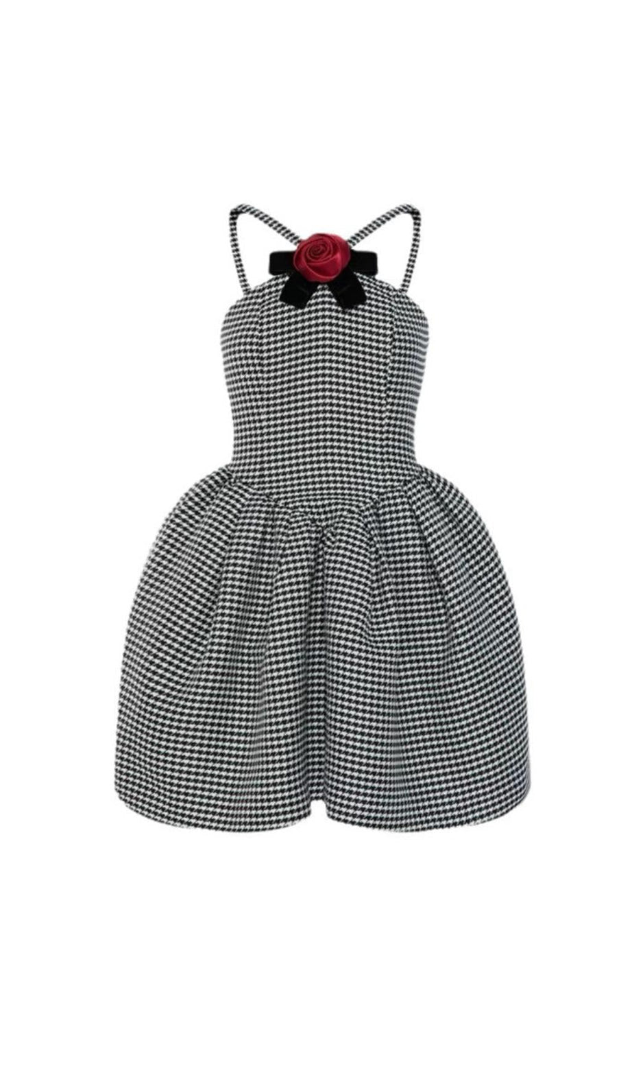 ABITO MINI A-LINE CON FIOCCO E SCOLLO A V IN PIEDI DE POULE 