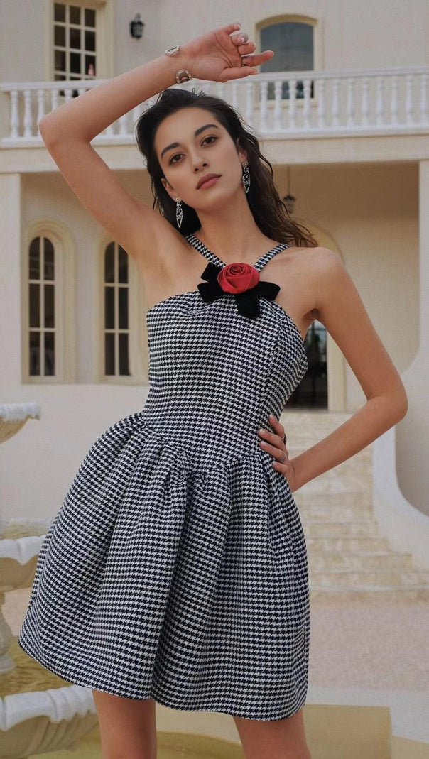 AIIZIE HALTER HOUNDSTOOTH BOW MINI A-LINE DRESS - product image