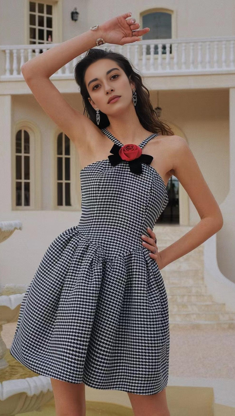 HALTER HOUNDSTOOTH BOW MINI A-LINE DRESS