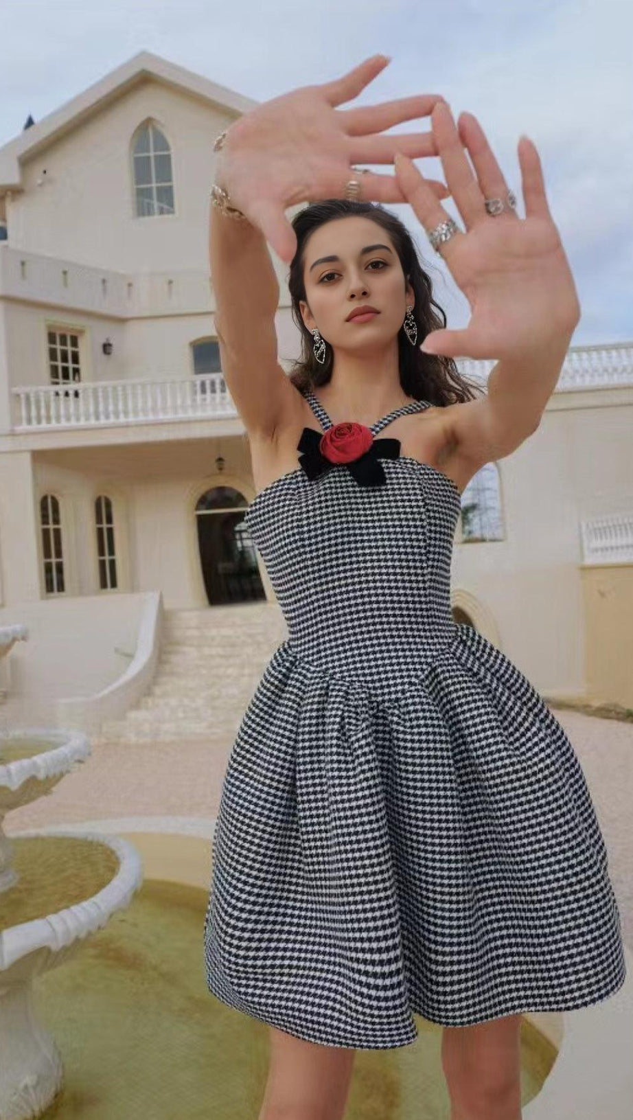 HALTER HOUNDSTOOTH BOW MINI A-LINE DRESS