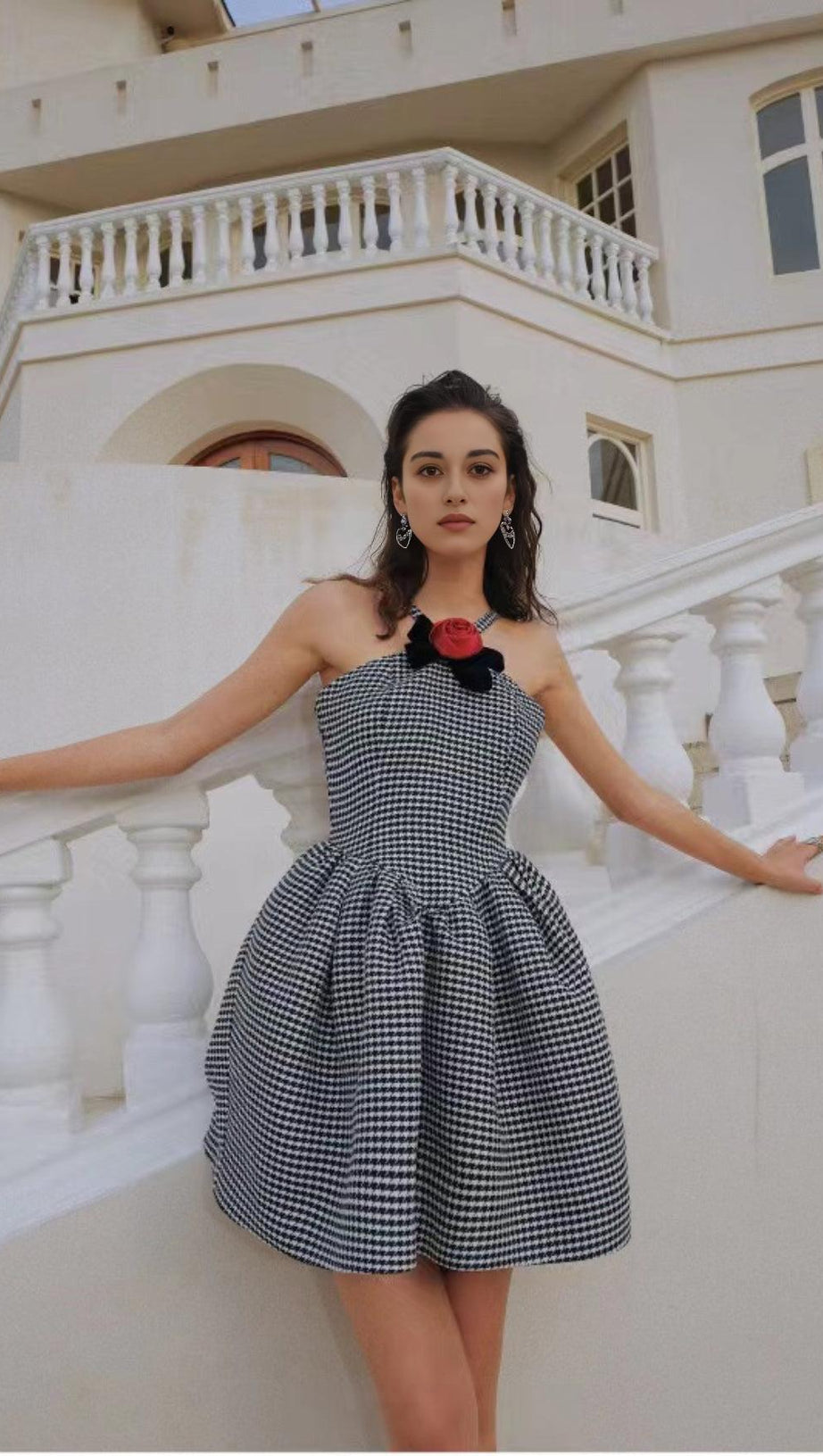 HALTER HOUNDSTOOTH BOW MINI A-LINE DRESS