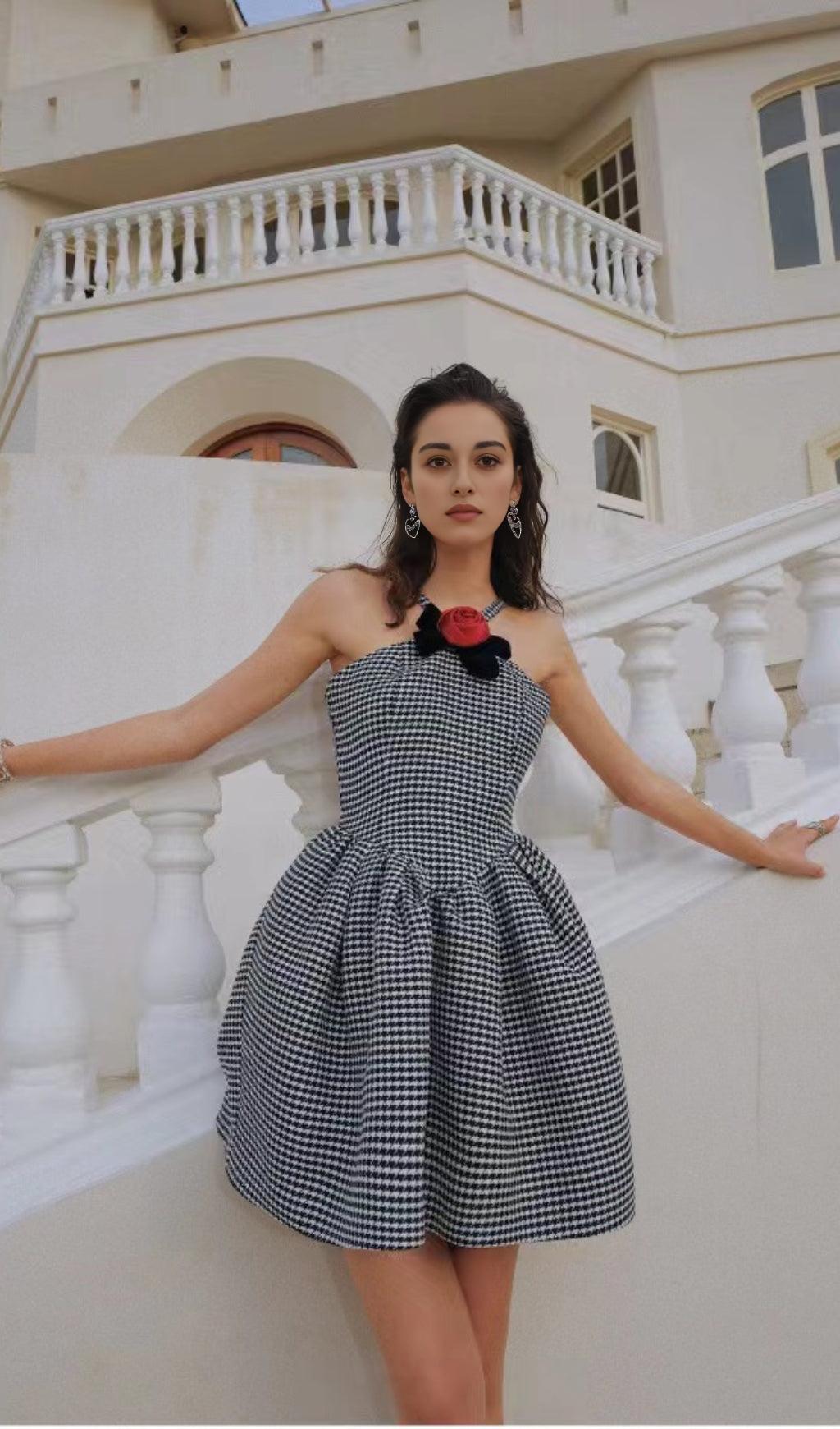 HALTER HOUNDSTOOTH BOW MINI A-LINE DRESS